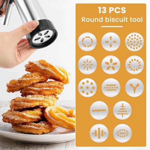 Stainless Steel Cookie Press Gun Kit with 13 Discs & 8 Tips for Baking, DIY Spritz Cookies, Biscuits & Cake Decorating Supplies