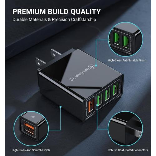 Phone Charger, 4-Port Wall with Intelligent Temperature Control, Intelligent Temperature Charging Universal Compatibility, Portable Charger, Fast Charging Block (Black*2pcs)