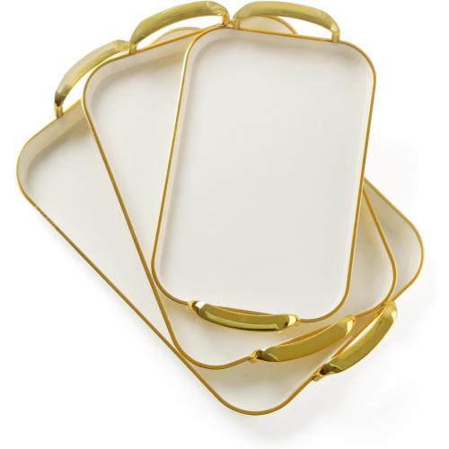 JEESA 3-Pack Serving Tray with Handles, Platters for Serving Food Turkey Cookie Appetizer Snack, Reusable Plastic, Stackable, for Holiday, Party, White