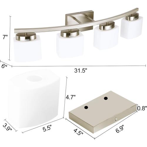 4-Light Brushed Nickel Vanity Light Fixture with White Glass Shade for Bathroom Over Mirror, 31.5 Inches