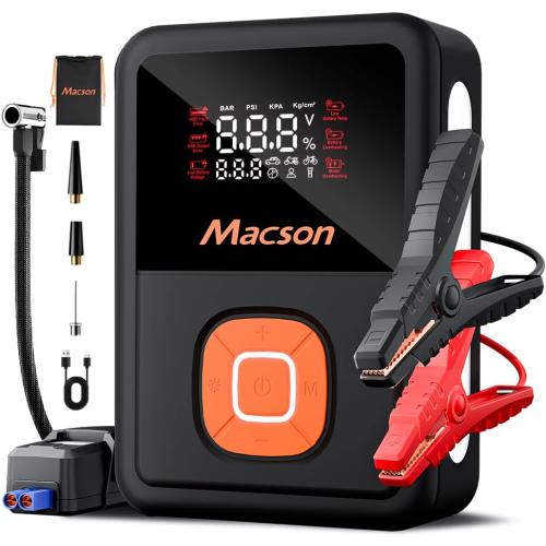 Jump Starter with Air Compressor, 1500A Portable Car Battery Charger for 6L Gas/4L Diesel, 150PSI Tire Inflator 12V 8000mAh Jump Box with 5 Modes Flashlight and LED Display for Car Emergency Use