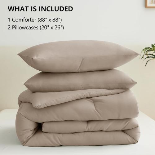 CozyLux Queen Comforter Set Khaki, 3 Pieces Lightweight Comforters Queen Size Quilted Bedding Sets, All Season Breathable Solid Down Alternative Comforter with 2 Pillowcases, Bed Set Gift for Home