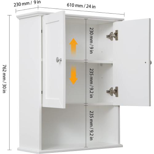 VANIRROR White Bathroom Wall Mounted Cabinet Wooden Over the Toilet Storage | Above Toilet Medicine Cabinets with 2 Door & Adjustable Shelf for Kitchen, Laundry Room, Entryway,Durable MDF Construction