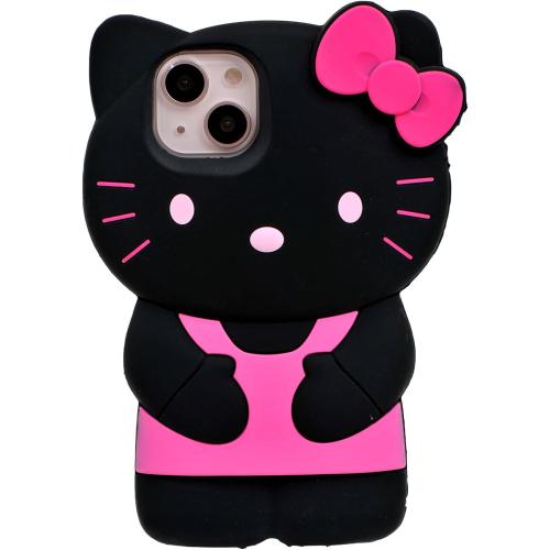 Cartoon Case for iPhone 15 6.1, Fashion Cute 3D Cute Kitty Kawaii Soft Silicone Animal tective Gel Shockof Gel Back Cover for Kids Women Girls Boys (Black)