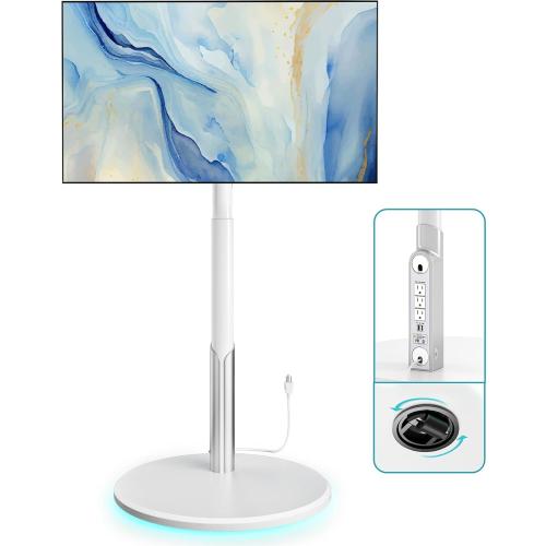 Floor Mobile TV Stand with Power Outlet, Rolling TV Cart for 27-65 Inch OLED LED Monitors, 6 Levels of Height Adjustment, Ambient Lighting on The Bottom Wheels Holds up to 88lbs, 400x400mm