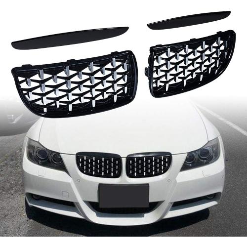 AstraDepot Glossy Black Front Hood Kidney Grille Grill Diamond Meteor Style Compatible with BMW E90/E91 Sedan Wagon 2005-2008