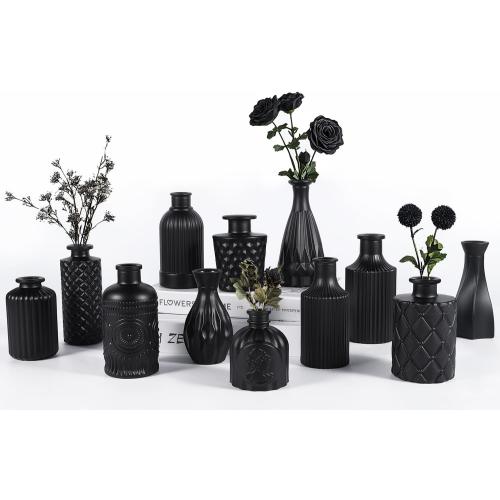 12pcs Glass Black Bud Vases Set, Small Vases for Flowers, Bud Vase for Centerpieces in Bulk, Mini Vintage Vase for Rustic Wedding Decorations, Office and Home Table Flower Décor