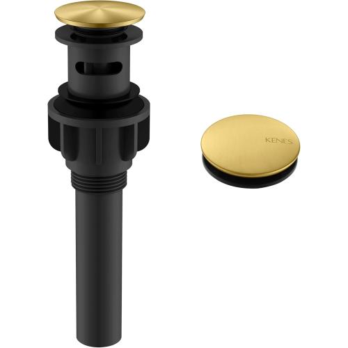 KENES Brushed Gold Pop Up Bathroom Sink Drain with Overflow, Bathroom Sink Drain Assembly with Strainer Pop Up Drain, Lavatory Bathroom Vanity Sink Pop Up Drain Stopper