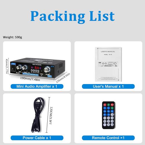 AK35 200W Stereo Audio Amplifier Bluetooth 5.0, 2.0 Channel Mini Amplifier Stereo Receivers with Bass & Treble Control,Home Amplifier w/AUX, USB, SD Card Input,Remote Control