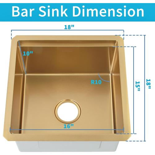 Gold Bar Sink Undermount,Small Bar & Prep Sinks,16 gauge Stainless Steel Bar Sink with Workstation for Wet Bar Area (18 X 18)