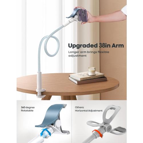 Lamicall Gooseneck Phone Holder Bed - [Nylon Braided] Flexible Arm, Overall Length 38inch, 360 Adjustable Clamp Clip, Overhead Cell Phone Mount Stand for Bed, Blue White