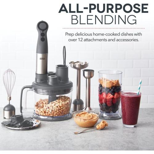Dash Chef Series Deluxe Immersion Hand Blender Set, 5 Speed, 330W with Food Processor, Whisk, Masher & Dough Hook Attachments, Stainless Steel Blades for Soups, Sauces, Smoothies & Purées - Cool Grey