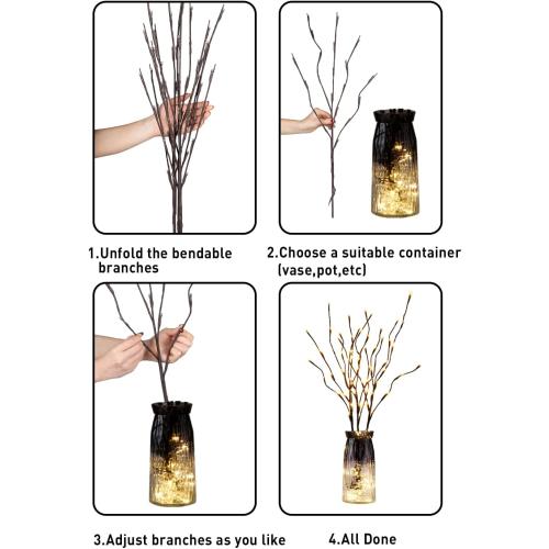 EAMBRITE 6PK Lighted Branches Brown Twig Stake with 120LED Warm White Lights, 30 Pathway Light for Outdoor and Indoor Use(Vase Excluded)
