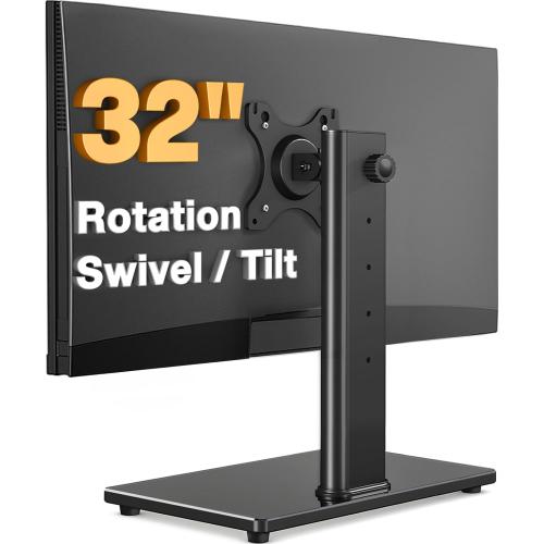 Single Monitor Stand VESA Mount for 13-32 Inch Screens, Free-Standing Monitor Riser with Swivel Tilt Rotation Height Adjustable, Universal Desk Stand up to 44lbs, VESA 75x75, 100x100mm
