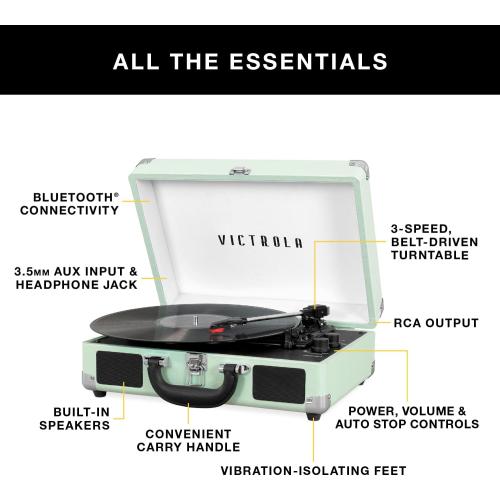 Victrola Journey - Bluetooth Suitcase Record Player - Brown | Built-in stereo speakers, 3-speed turntable plays 7, 10 and 12 records, Bluetooth streaming, headphone jack