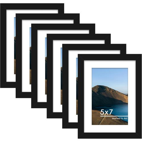 PEALSN 5x7 Picture Frame Set of 6, Display Pictures 4 x 6 with Mat or 5 x 7 without Mat for Wall Mounting or Table Top Display, Photo Frames Collage for Wall Decor, Black.