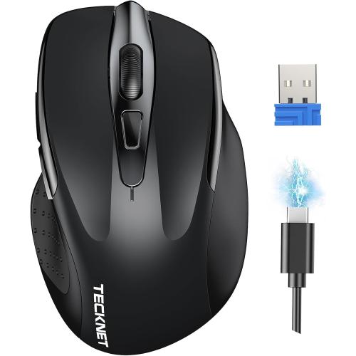 TECKNET Wireless Mouse Rechargeable, 2.4G USB-A Silent Mouse, Quiet Click, 6 Adjustable 4800 DPI, Cordless Computer Mice, Ergonomic Mice for Laptop, 6 Buttons for Chromebook, Ergo Grip - Black