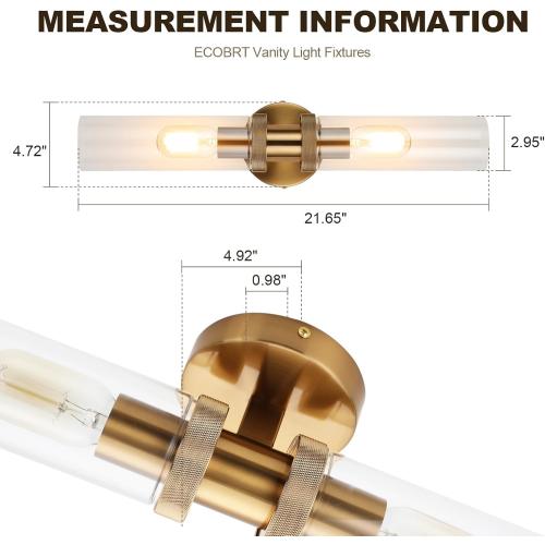 E26 Brushed Brass 2 Light Vanity Lights, Farmhouse Gold Modern Bathroom Wall Lamps with Glass Shade