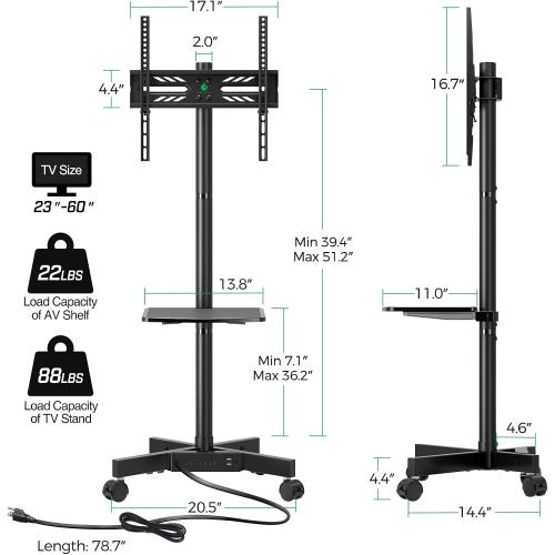 GREENSTELL TV Stand with Power Outlet, Mobile TV Cart on Wheels for 23-60 inch LED LCD Flat Curved Panel Screen TVs, up to 88 lbs, Height Adjustable Rolling TV Stand with AV Shelf, Max VESA 400x400mm
