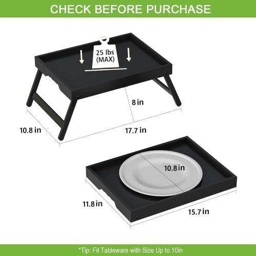 Bed Tray Table with Folding Legs, Bamboo Breakfast in Bed for Kitchen Serving Tray, Sofa, Eating, Used As Laptop Desk Snack Tray (6 Pack, Black Color)