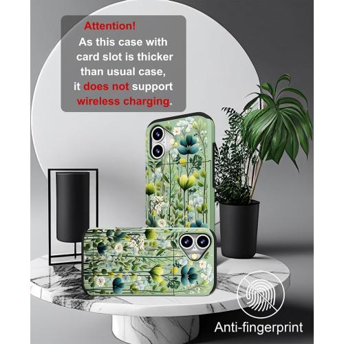 Size iPhone 16 Color Green Compatible for iPhone 16 Plus Case Cute with Card Holder Shockproof Slim Slot Phone Wallet Cover for Women/Green Leaves Botanical Flower Plants Tropical