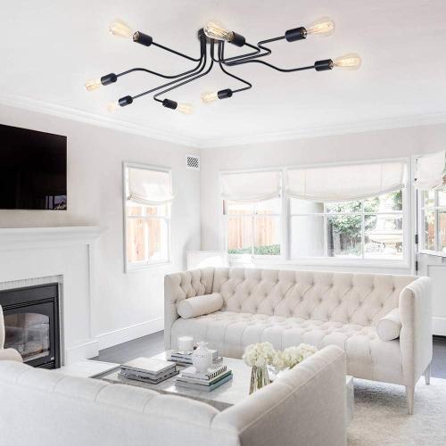 Lingkai 8 Lights Sputnik Ceiling Light Fixture Industrial Chandelier Semi Flush Mount Light Fixtures with Matte Black Finish for Living Room Bedroom Dining Room