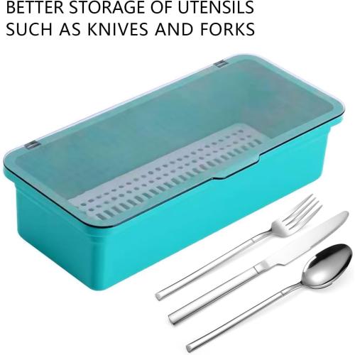 Flatware Tray with Lid and Drainer,Silverware Tray Kitchen Dinnerware Holder and Utensil Storage Container for Flatware and Silverware(Blue)
