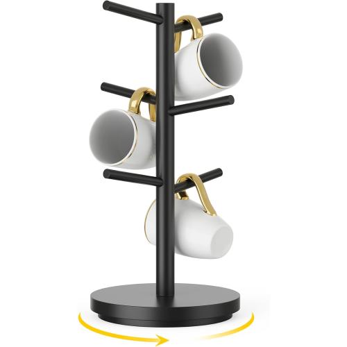 Wisuce Coffee Mug Holder Tree Upgraded 360Rotated Cup Holder for Counter Black Wood Cup Tree Mug Rack Organizer Stand with 6 Hooks for Kitchen Coffee Bar Accessories