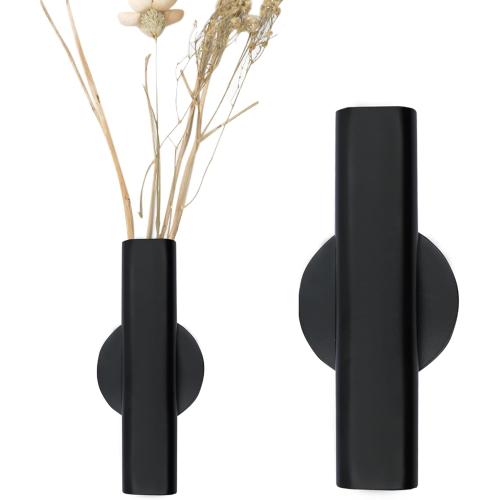 7 Wall-Mounted Flower Tube, Top/Bottom Open Vase, Wall Metal Flower Tube Decoration Holder for Flower Display, Home Office Living Room Bedroom Decoration with Adhesive Material, 2pcs(Black)