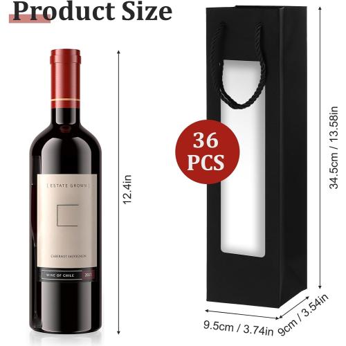 mekueeex 36 Pcs Single Wine Bottle Gift Bag, Clear Window Wine Bags for Wedding Reusable Flower Boxes Bulk with Handles for Holiday Birthday(Black)
