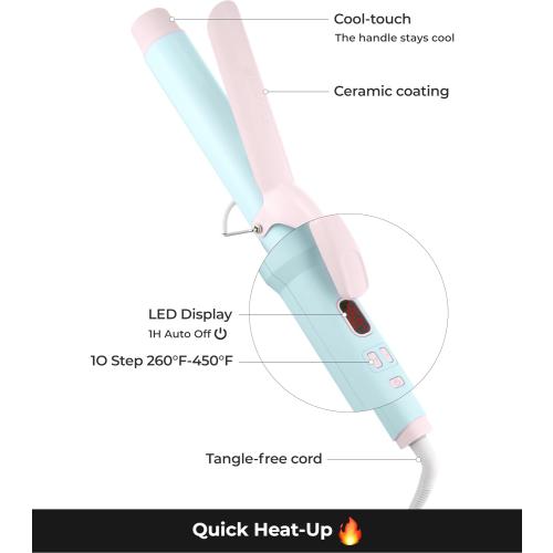 Blue and Pink 1 1/2 inch Extra Curling Iron Long Hair - 10 Temperature Modes Fast and Easy Styling - 7.3 Ceramic Barrel Hair Wand for All Types Blowout, Beach Waves, Bouncy Curls - Cotton Candy