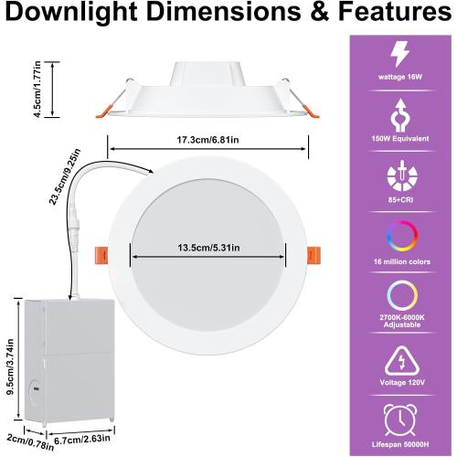 Smart Recessed Lighting 6 Inch RGBCW Color Changing 16W LED Downlight with Junction Box,1350 Lumen Recessed Ceiling Light Compatible with Alexa,Dimmable by Bluetooth Control -12Pack