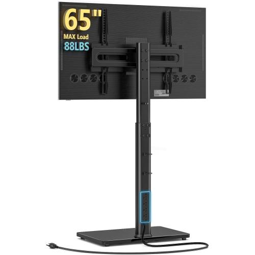 AX WABER Floor TV Stand with Power Outlet, Universal TV Stand Mount for 27-65 inch TV up to 88lbs, 70 Degree Swivel 9 Level Height Adjustable with Tempered Glass Base for Bedroom, Office Black