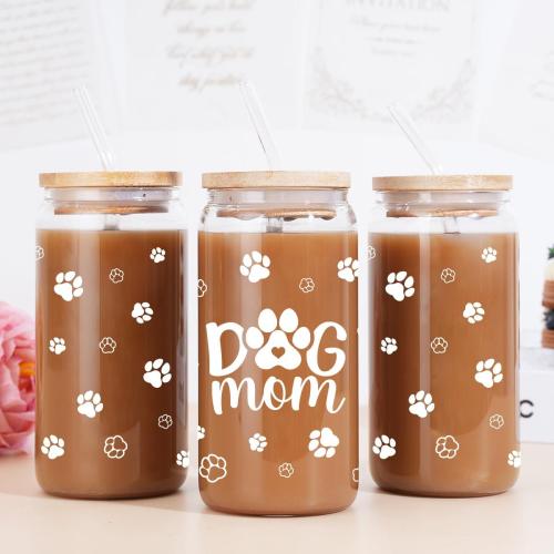 SANDJEST Dog Mom Cup 16 Oz Can Glass Coffee Mug with Bamboo Lid & Straw - Dog Lover Gifts for Women - Dog Mom Gift for Birthday Mothers Day
