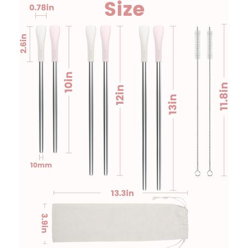 OUTXE Anti Wrinkle Straw 6 Pcs, Flat Wide Drinking Straw for Stanley Cup 40 oz 30 oz, Reusable Wrinkle Free Long Stainless Steel Metal Straw for Lip with Cleaning Brush and Carrying Bag