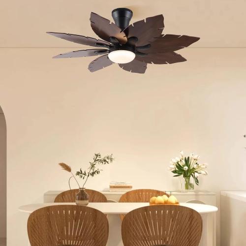 52'' Palm Leaf Ceiling Fans with Lights,Handmade Wooden Dual Fan Blades,Tropical Ceiling Fans with Remote,22W 3 Color LED Light, DC Reversible Motor, Low Profile Ceiling Fan for Patio, Living room