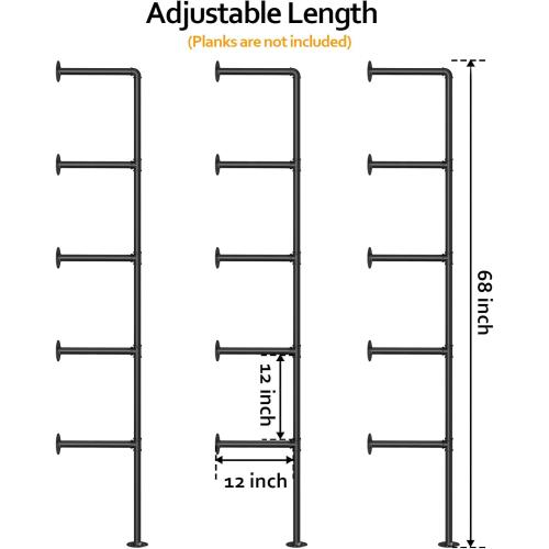 Pynsseu Industrial Iron Pipe Shelf Wall Mount, Farmhouse DIY Open Bookshelf, Pipe Shelves for Kitchen Bathroom, bookcases Living Room Storage, 3Pack of 5 Tier.