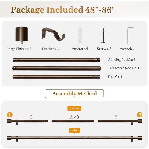 Curtain Rods for Windows 48 to 84, Bronze Curtain Rod, 1 Inch Heavy Duty Decorative Drapery Rods with Adjustable Length for Living Room, Bedroom, Outdoor/Indoor