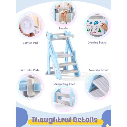 VBABY Foldable Toddler Tower, Plastic Kitchen Stool Helper for Kids, Adjustable Height Standing Tower, Certified Toddler Step Stool, Blue