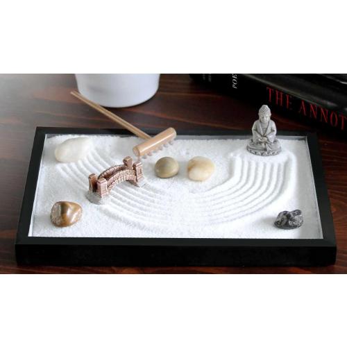 Nature's Mark Mini Zen Garden Kit for Desk with Rake, White Sand, Buddha Figure, Bridge Figure and River Rocks, Black Rectangle Base