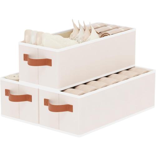 Storage Bins, Fabric Foldable Baskets for Shelves, Collapsible Storage Box Containers with Double Handles, Beige, 15 x 6 x 5 Inch, 3-Pack