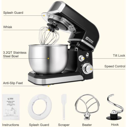 Kitchen in the box Stand Mixer,3.2Qt Small Electric Food Mixer,6 Speeds Portable Lightweight Kitchen Mixer for Daily Use with Egg Whisk,Dough Hook,Flat Beater (Black)