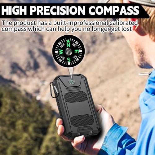 10000mAh Solar Power Bank with Type-C & Dual USB Ports for iPhone、Samsung & More，Shockproof, Dustproof, with Compass & LED Light,Safety Protections,Perfect for Outdoor & Daily Commute (Black)