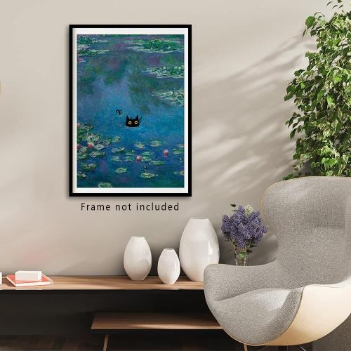 Vintage Monet Canvas Wall Art Famous Oil Paintings Monets Water Lillies Black Cat Poster Funny Cat Floral Print Abstract Farmhouse Gallery Aesthetic Room Decor for Bedroom Bathroom Unframed
