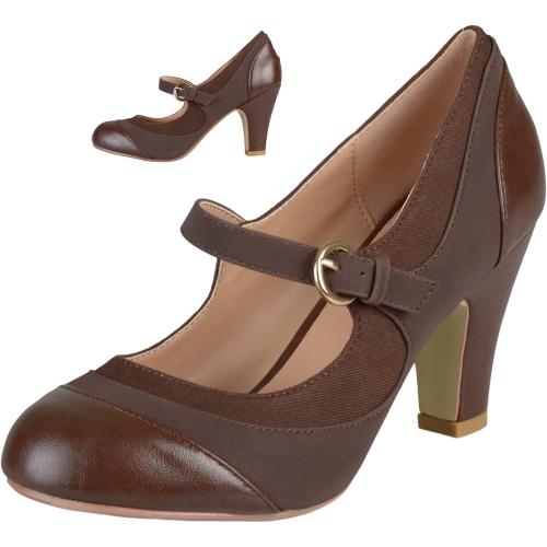 Size 8 Color Brown  Women Kitten Heel Mary Jane Pumps Closed Round Toe Ankle Strap Patchwork Comfy 3” Mid Chunky Mary Jane Heels Cap Toe Two Tone Buckle Dress Shoes Ladies Wedding Vintage 4-11 M US