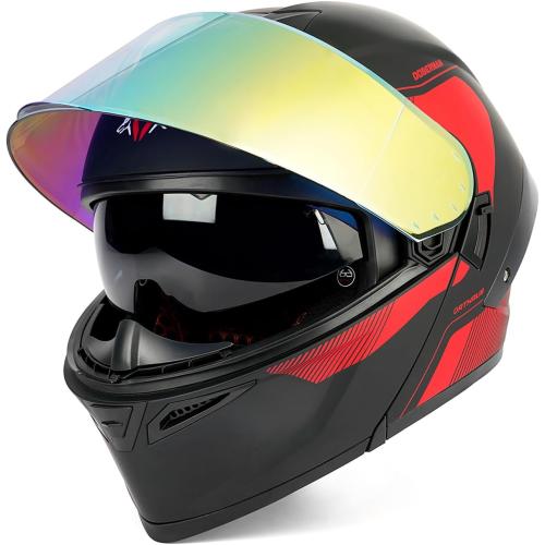 Modular LED DOT Adult Motorcycle Helmet for Street Bike (Red, XL) | 180 Degree Flip Up, Quick Release Visor Sun Shield, 3 Lighting Modes, ABS Shell, Bluetooth Ready