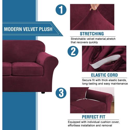 H.VERSAILTEX Modern Velvet Plush 4 Piece High Stretch Sofa Slipcover Sofa Cover Furniture Protector Form Fit Luxury Thick Velvet Sofa Cover for 3 Cushion Couch Width Up to 90 Inch(Sofa,Burgundy)