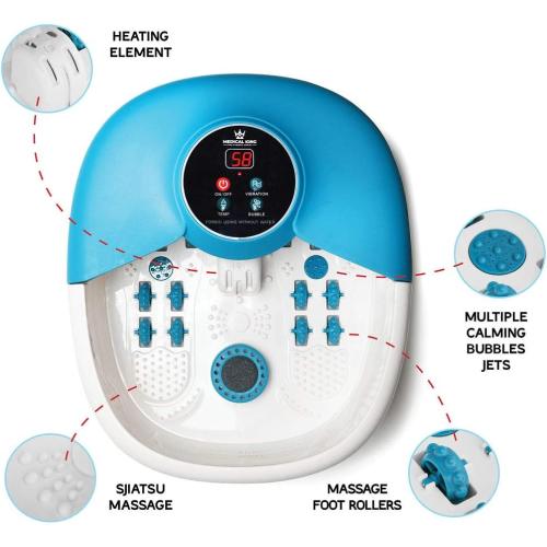 Medical king Foot Spa Massager with Heat, 14 Rollers in Foot Shape - 5 in 1 Foot Bath Massager - Adjustable Heating, Bubbles, Vibration, Pumice Stone, Mini Massage Points