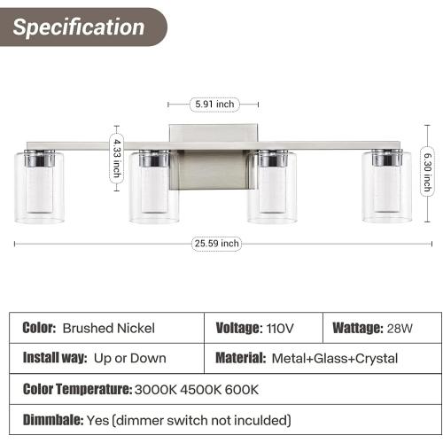 Bathroom Light Fixtures, 4 Light Brushed Nickel Vanity Light Over Mirror, 3 Color LED Bathroom Vanity Lights with Crystal Bubble Glass, Dimmable Bubble Wall Sconce Lighting for Bathroom, Living Room