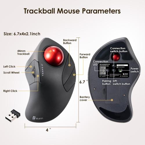 SANWA Bluetooth 5.1   2.4 G Wireless Ergonomic Trackball Mouse, Finger Control Roller Ball Mouse, 3 Device Switch, Silent Programmable Buttons, 1000/1600/2400 DPl, Compatible with PC, Windows, MacOS